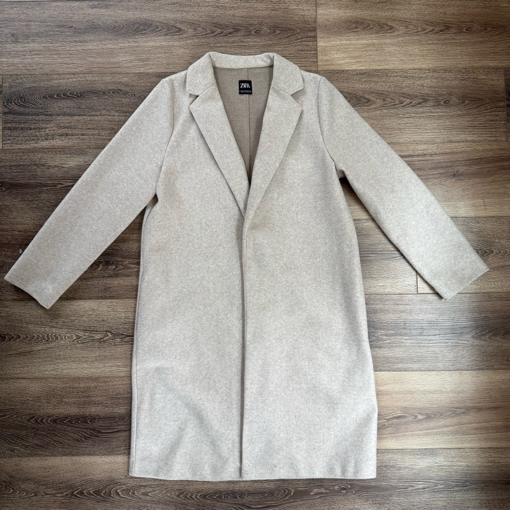 Zara Basic Soft Long Trench Coat Jacket, Lapel Collar, Peacoat, Beige Sand Marl